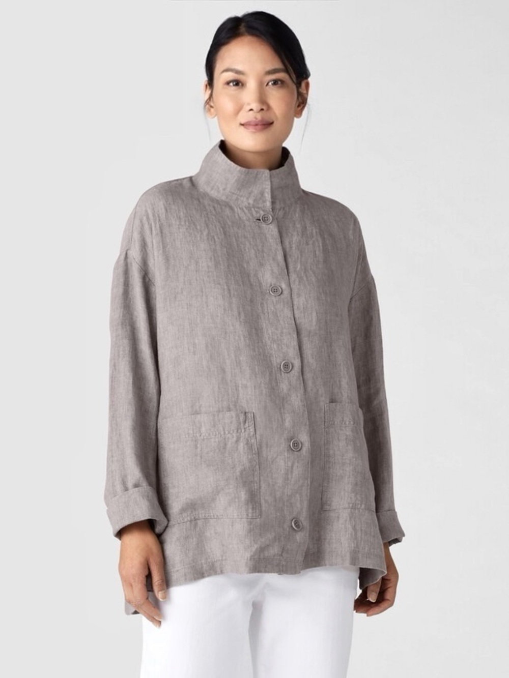 NWT Eileen Fisher Stone Gray Linen Button-Front Utility Jacket